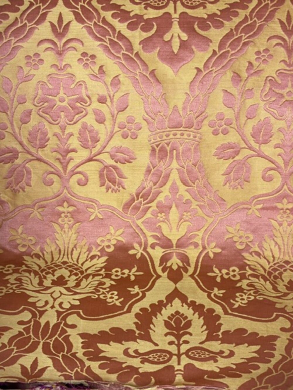 Antique French Silk Damask Cut Velvet fabric Golden ground Rose peach velvet